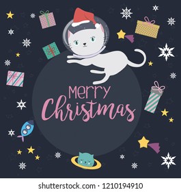 Fun cat astronaut in space, Merry Christmas greeting card. Vector cartoon charters. Editable vector illustration.