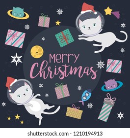 Fun cat astronaut in space, Merry Christmas greeting card. Vector cartoon charters. Editable vector illustration.