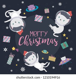 Fun cat astronaut in space, Merry Christmas greeting card. Vector cartoon charters. Editable vector illustration.