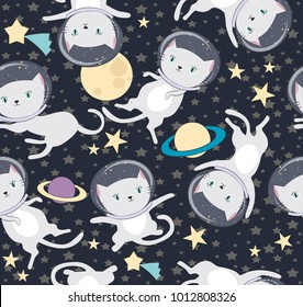 Fun Cat Astronaut In Space Seamless Pattern. Vector Cartoon Charters. Editable Vector Illustration.