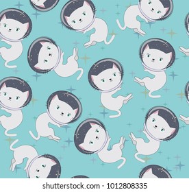 Fun cat astronaut in space seamless pattern. Vector cartoon charters. Editable vector illustration.