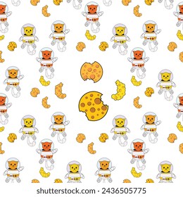 Fun cat astronaut in space seamless pattern. Vector cartoon charters. Editable vector illustration.
