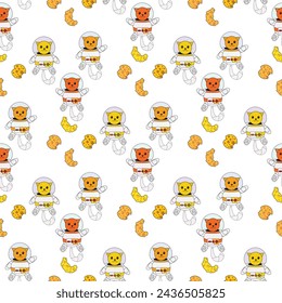 Fun cat astronaut in space seamless pattern. Vector cartoon charters. Editable vector illustration.