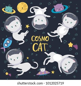 Fun Cat Astronaut In Space. Vector Cartoon Charters. Editable Vector Illustration.