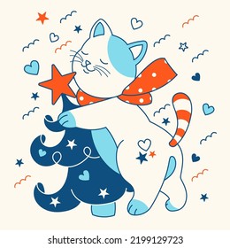 Fun Katze mit Weihnachtsbaum. Fröhliches Weihnachtskonzept. Doodle Draw, lustiger Vektordruck. Cute koreanischer Cartoon-Stil. Einzel-Zeilengrafik für Schlafkleidung, Dekoration, Karte oder Post 