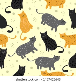 Fun cat seamless pattern scandinavian cute animal background. Trendy scandinavian vector background. Perfect for kids apparel,fabric, textile, nursery decoration,wrapping paper