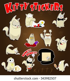 Fun cat stickers with  with different emotions. Animal stickers for social media. Layered vector