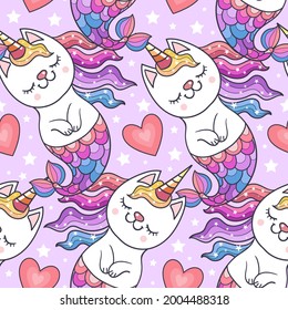 Unicornio de gato divertido y patrón de sirena sin fisuras. Para los niños diseñan telas, papeles pintados, fondos, papel de embalaje, scrapbooking, etc. Vector