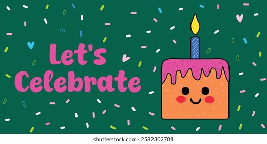 Divertida ilustración de celebración con un lindo pastel y detalles de confeti coloridos. Colorido y alegre ilustración de estilo de dibujos animados de un pastel con una vela y confeti festivo circundante. Ideal 