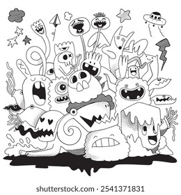 A fun and chaotic pile of playful monster doodles with Halftone effect, showcasing quirky expressions and unique characters in black and white.