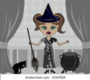 Fun character illustration of a witch with Halloween background.