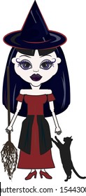 Fun character illustration of a witch with Halloween background.