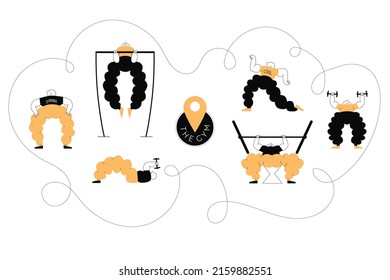 Fun character set - character exercising at the gym. Fun illustration. Vector flat set. Simple and minimal style. Eps vector.