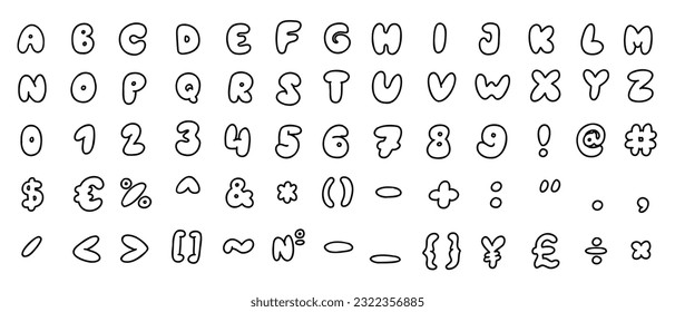 Fun characters black english latin abc alphabet font with digits and symbols handmade A to Z, 0 to 9 collection. Vector illustration in doodle style isolated on white background. For typography, logo.