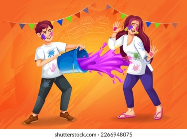 Fun characters celebrate Holi, vector. Holi is a popular ancient Hindu festival, also known as the festival of spring, the festival of colours. Holi banner for sale and promotion.