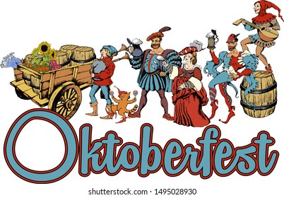 Fun characters celebrating Oktoberfest. Engraved style. Vector illustration. Suitable for posters, cards, t-shorts.