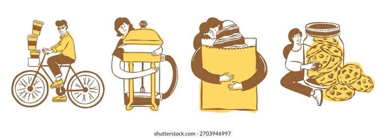 Fun characters holding coffee and pastry. Minimal hand drawn illustrations for postcards, menu, brand identity, logo design.