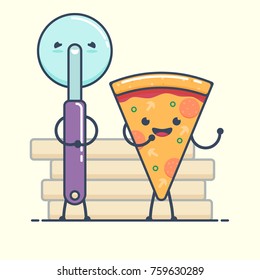 Fun characters Pizza and Knife. Fast food characters. Flat vector illustration. isolated