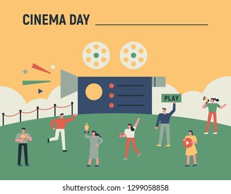 Fun Characters Set Around A Huge Movie Camera. Film Festival Poster Concept Flat Design Style Minimal Vector Illustration