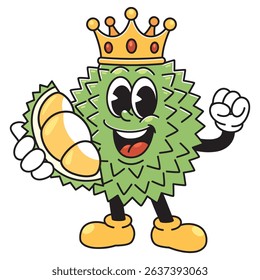 A fun and cheerful cartoon durian character wearing a royal crown, holding a piece of durian flesh and smiling brightly. 