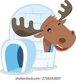 Eine lustige und fröhliche Cartoon-Illustration eines lächelnden Elchs, der aus dem Inneren eines Iglus guckt. Das verspielte Design verbindet einen freundlichen Charakter der Tierwelt mit einem schneebedeckten Unterschlupf im arktischen Stil, sodass es ideal für Winterthemen, Kinderillustrationen und Designs im Zusammenhang mit Kanada oder der Polarregion ist.