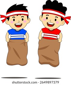 Fun and cheerful cartoon illustration of two boys participating in a sack race, wearing headbands and smiling happily.