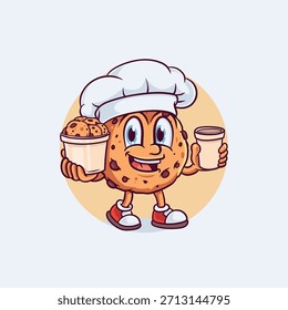 Una divertida y alegre ilustración de la mascota del chef de la galleta que presenta un personaje sonriente de la galleta de la viruta del chocolate que lleva un sombrero del chef. El personaje sostiene una taza de galletas en una mano y un vaso de leche 