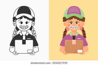 A fun and cheerful delivery gir illustration showing a smiling character in uniform holding a package. Features both a colorful and black-and-white version, great for courier service designs and logis