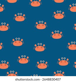 Fun and cheerful seamless vector pattern featuring cute orange cartoon crabs on a navy blue background. Perfect for children’s textiles, summer wrapping paper, beach-themed decor, digital backgrounds