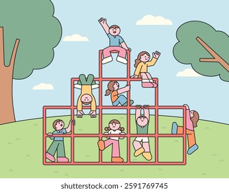 A fun and cheerful vector illustration of children playing on a jungle gym at the playground. A bright and playful artwork representing childhood joy, friendship, and adventure.