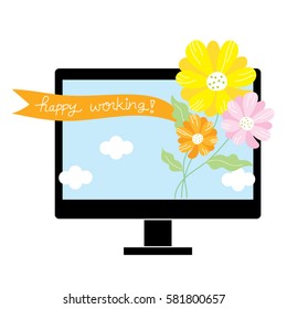 Fun cheerful working day computer desktop vector graphic illustration for card design, scrapbook, journal, brochure ad or web decoration.
