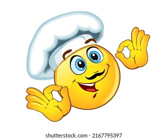 Fun Chef emoji with hat and mustache indicates delicious food. Element for advertising Italian, French, Mexican cuisine. Vector on transparent background