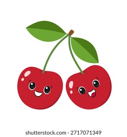 Cerezas divertidas, carácter lindo de la historieta, baya jugosa de la cereza, cara sonriente feliz, ojos grandes, estilo kawaii, Ilustración vectorial plana en el fondo blanco.