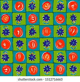 fun chess board with flowers and dots in seamless pattern
