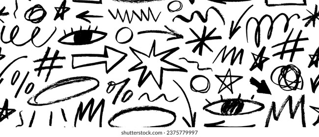 El doodle de línea infantil divertido da forma a un patrón sin fisuras. Estrellas dibujadas con carbón vegetal, coronas, ojos, líneas curvadas y diversos elementos de énfasis. Fondo de banner de arte abstracto creativo con varias formas.