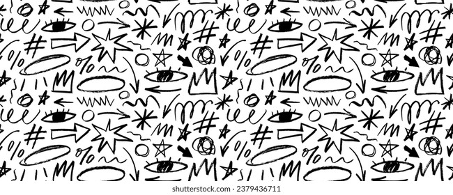 Fun childish line doodle shapes seamless pattern. Charcoal drawn stars, crowns, eyes, curved lines and various emphasis elements. Creative abstract art banner background with various shapes.