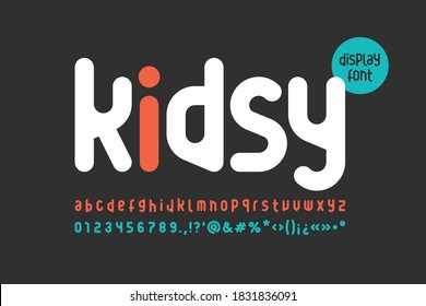 Fun and childish playful font. Alphabet letters, numbers and some punctuation marks vector illustration