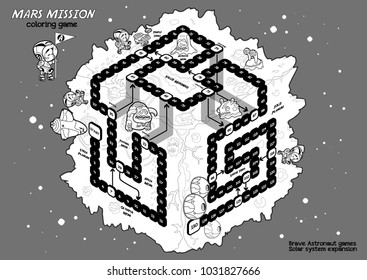 Fun children coloring board game Brave Astronaut. Mars mission. Color it and play! Isometric planet with 130 steps of great space adventure. Avoid monsters and get from shipwreck to the colony.