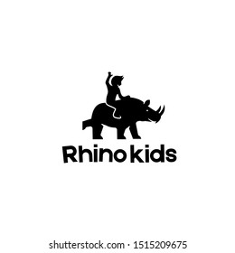 fun children kids riding rhino rhinoceros logo icon illustration