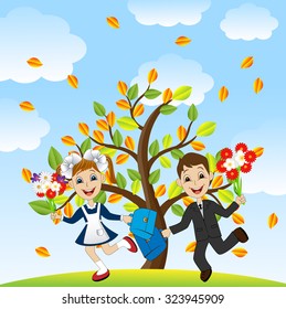 fun children run to school in the autumn alley,vector illustration