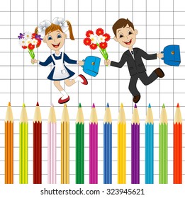 fun children run to school colored pencils,vector illustration