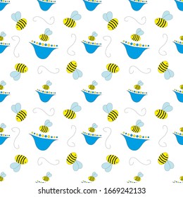 Fun children's background with flowers and a bee. Illustration.