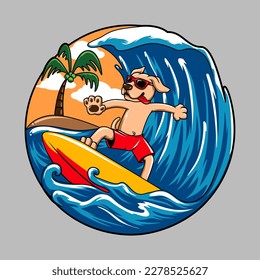 fun chill dog surfing mascot on ocean waves vector illustration