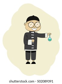 Fun chinese pharmacist with the cone wonder drug. Chinese traditional medicine concept illustration. Vector