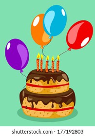 Fun chocolate birthday cake with balloons over green background