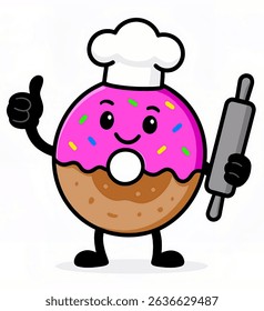 Fun chocolate-based donut character with pink icing and colorful sprinkles, wearing a chef hat and holding a rolling pin. Great for food-related creative projects.