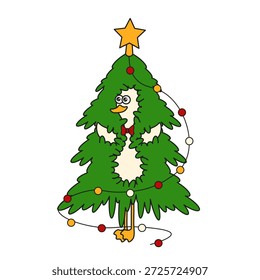 Divertido arte de Navidades con divertido ganso de Vector dentro del árbol de Navidad. Broma de humor Navidad y feliz Año Nuevo arte con Navidades pavo aislado fondo transparente. Trazo editable. EPS 10. 