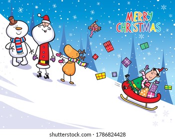 Fun Christmas card design of elf going sledging with all Santa's gifts.