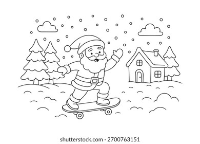 Página de coloração de Natal divertido com Papai Noel montando um skate na neve com pinheiros e uma casa nevada no fundo. Ilustração vetorial de contorno simples para crianças.