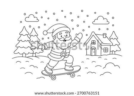 Fun Christmas coloring page featuring Santa riding a skateboard in the snow with pine trees and a snowy house in the background. Simple outline vector illustration for kids.